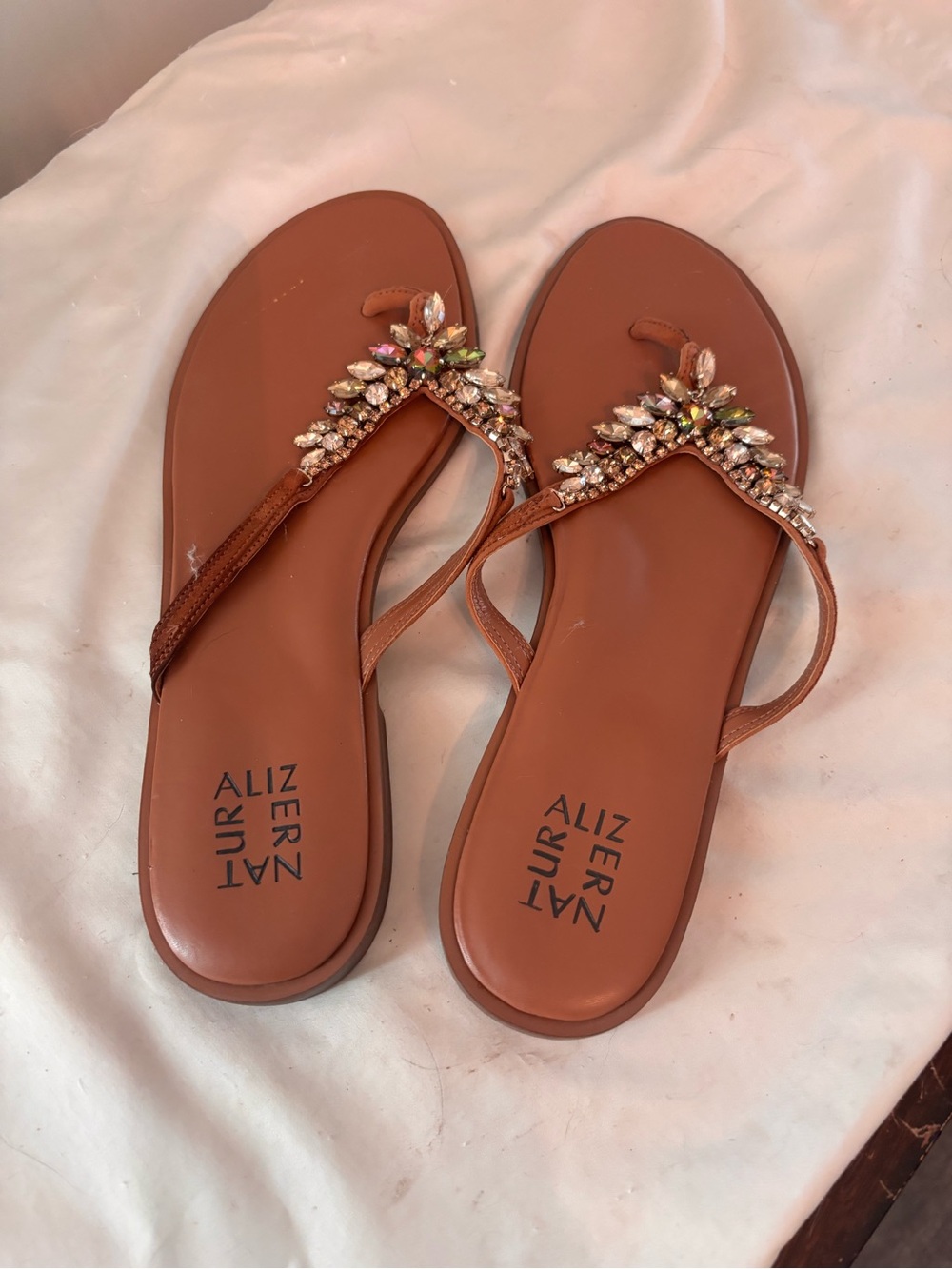 Naturalizer Tan Fallyn Jeweled Thong Sandals 12M